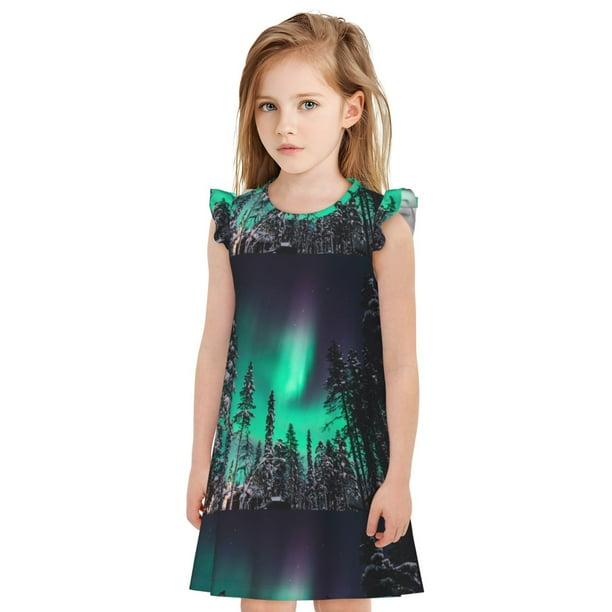 Fotbe Northern Lights 2 Vestido de Dormir para Niñas de 3 a 10 Años, Mangas Cortas, Estilo Princesa, Pijama Camisón con Mangas Voladas-Medium
