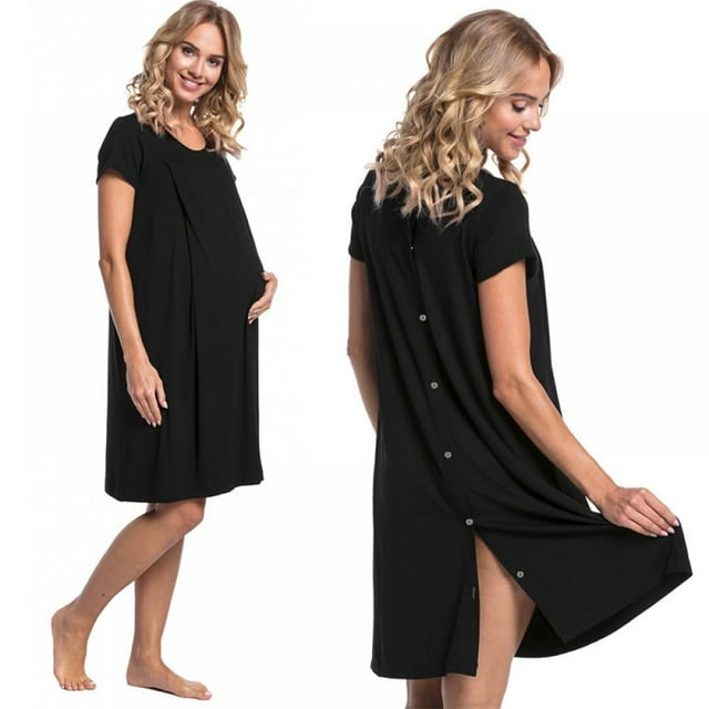 DEBGFS Robe de Travail et d'Accouchement à Manches Courtes, Chemise de Nuit de Maternité, Robe d'Hôpital pour l'Allaitement, Allaitement avec Boutons, P-TTG, Noir, m