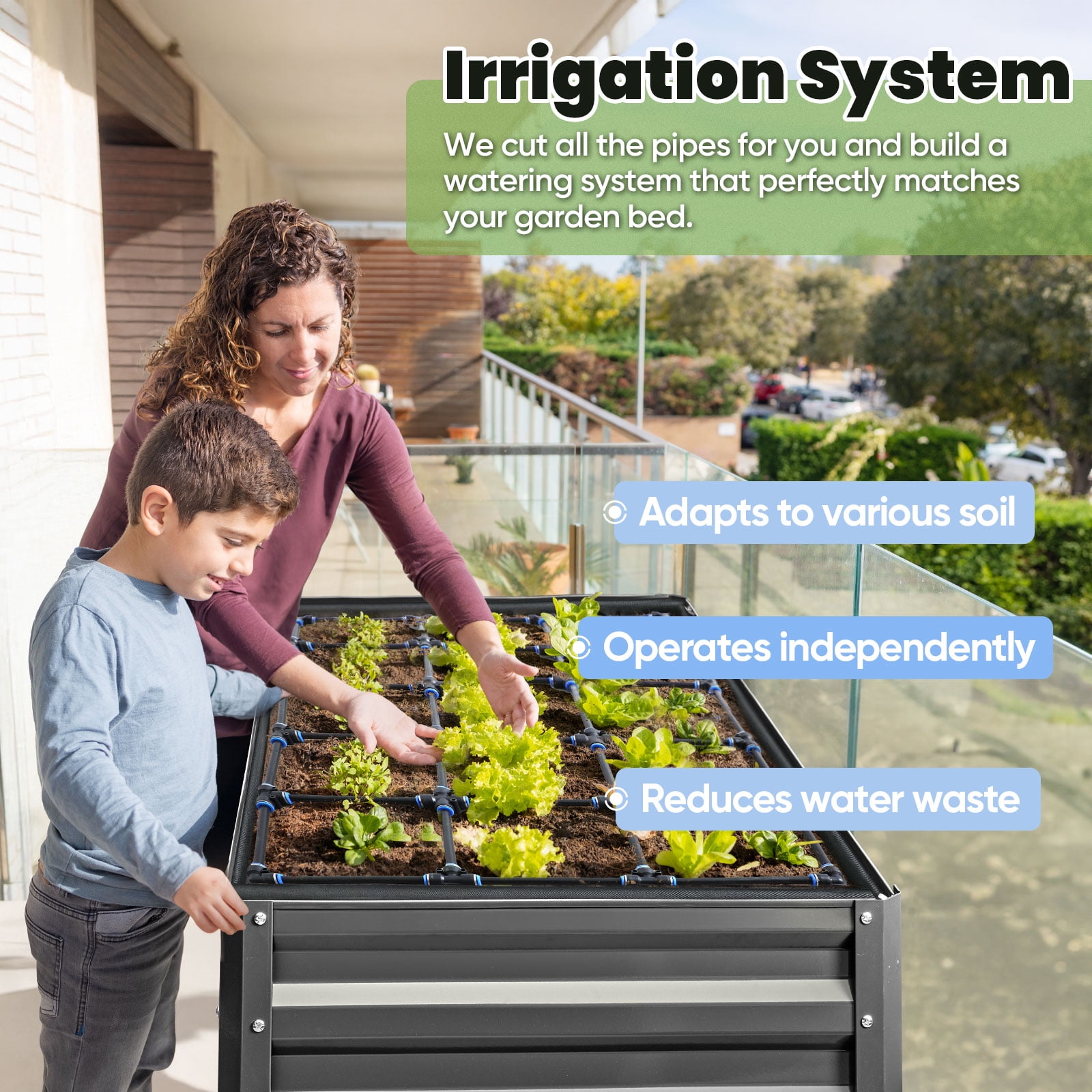 KING BIRD Raised Garden Bed with Irrigation System and Legs Galvanized Elevated Planter Box 48×24×30 in for Backyard, Patio, Balcony, 400lb Capacity, Dark Grey