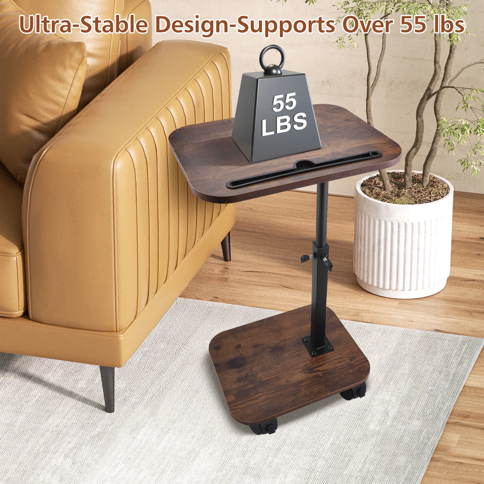 RELOIVE End Table,Side Table for Couch and Bed,Sofa C Shaped End Table for Small Spaces,Adjustable Height, 360° Swivel ,Walnut Brown