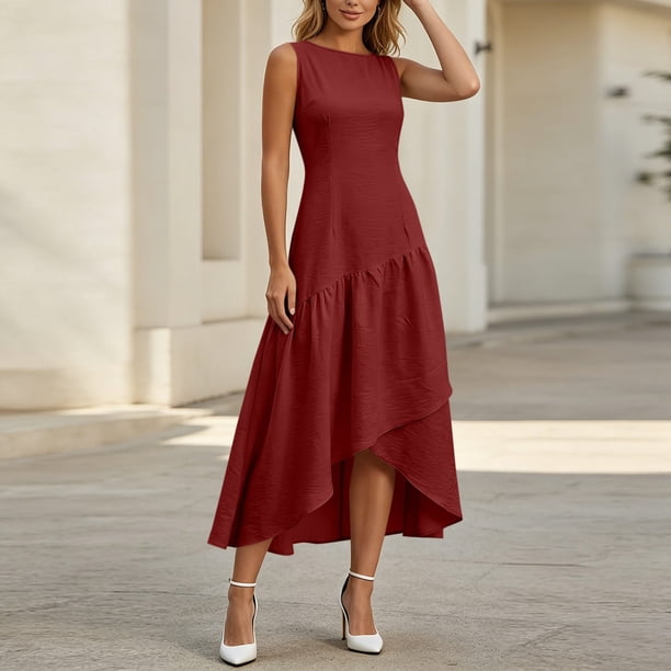 red dress asymmetrical hem XUNKUSGA Summer Fashion Boat Neck Sleeveless Ruffle Flowy Dresses for Women Solid Color Cotton Linen Midi Dress for I found the dupes! ivoryivory Size:10 US 24 Hips