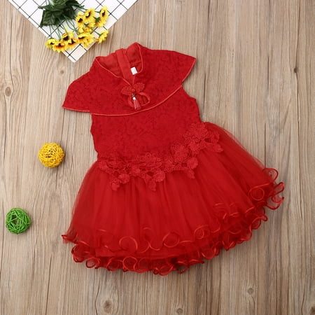 Baby Kid Girls Cheongsam Dress Embroidery Lace Floral Tutu Princess Dress Chinese Qipao Outfits 2-6Y