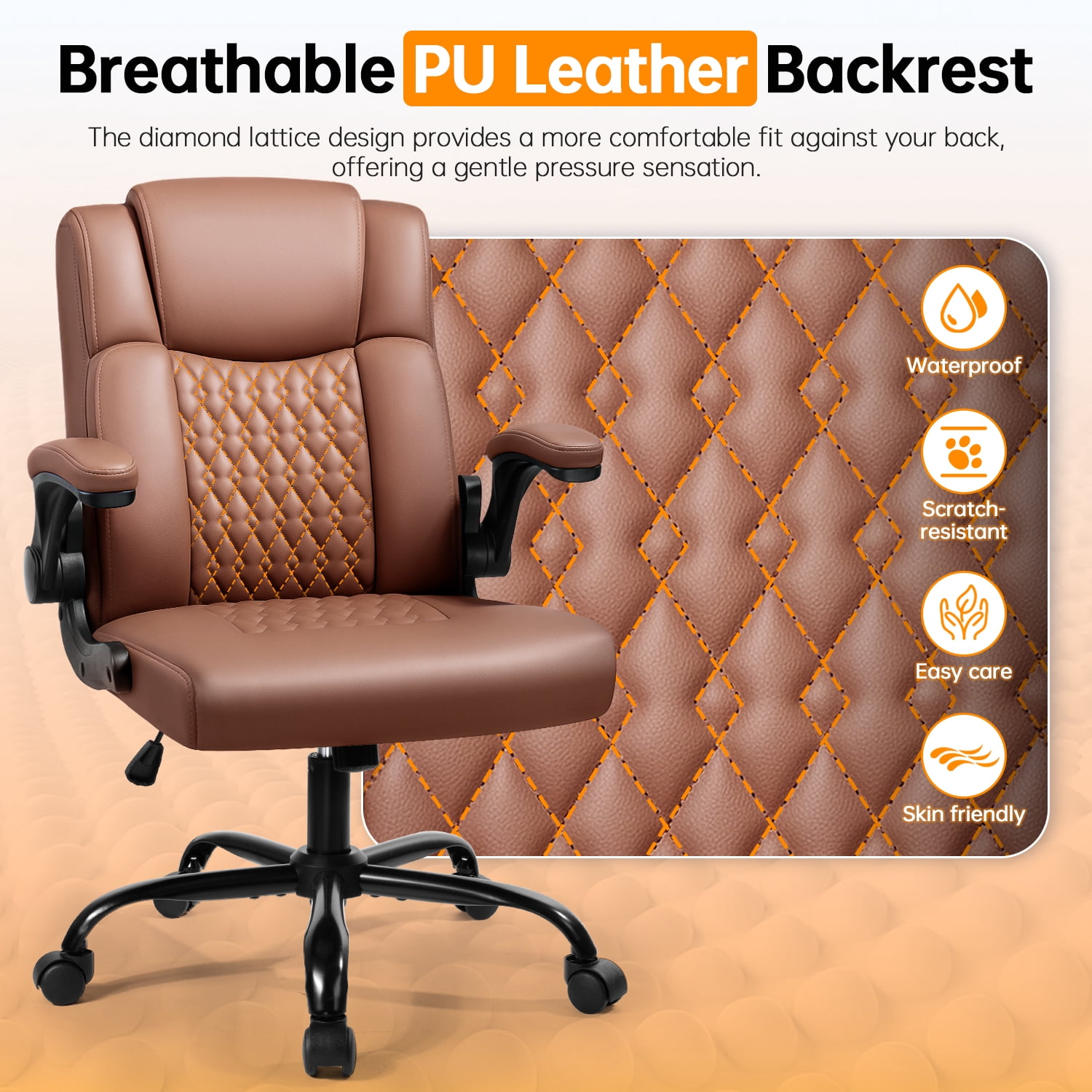 Waleaf Leather Office Chair,Wide Seat Small Computer Desk Chair Ergonomic Mid-Back Executive Chair with Back Support for Short People,Brown