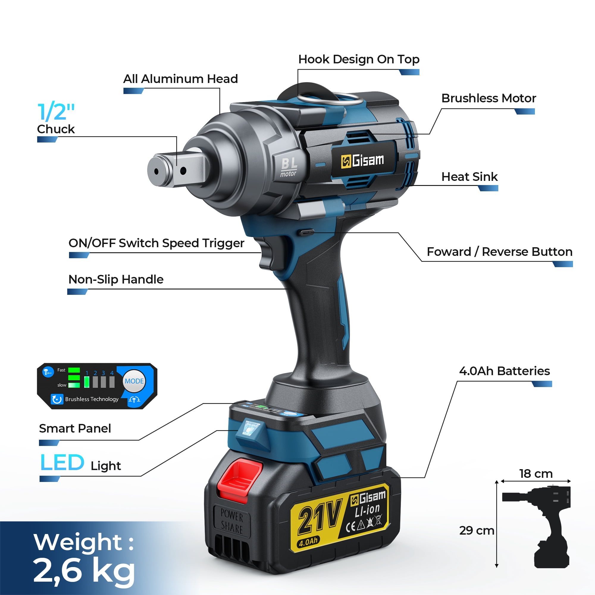 Gisam Cordless Impact Wrench,21V Brushless Impact Wrench 1/2 Inch,2 × 4.0Ah Impact Drill Tool Set Power Impact Driver With 4-Mode Speed, LED Work Light
