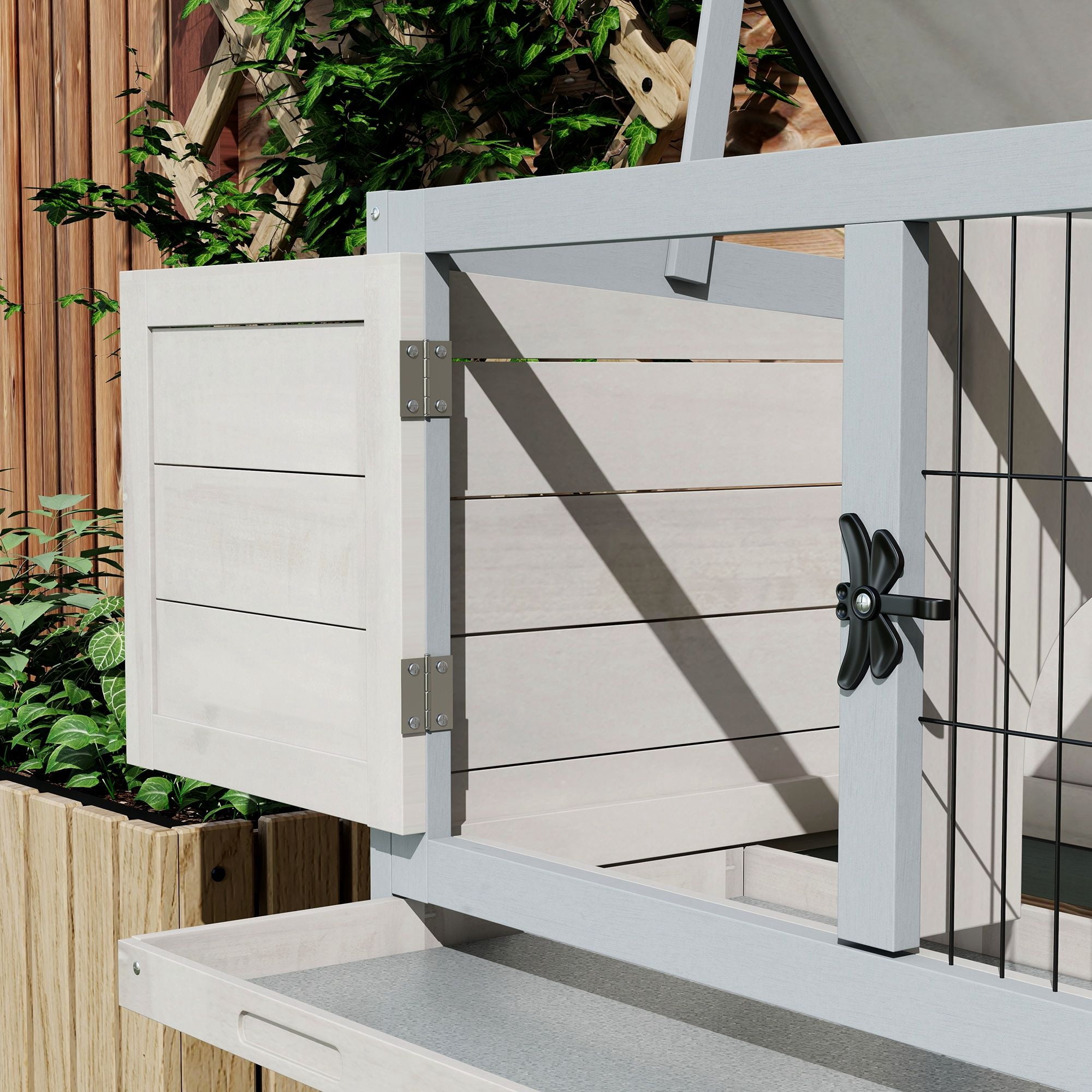 Elevated Rabbit Hutch, Wooden Bunny Cage with Hinged Asphalt Roof and Removable Tray, for Indoor/Outdoor, Gray