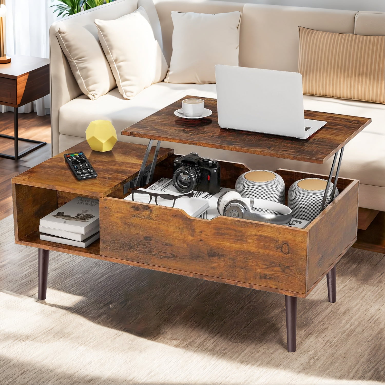 Coffee Table, Lift Top Coffee Tables for Living Room, Small Modern Wooden Center Tables with Storage Shelf and Hidden Compartment