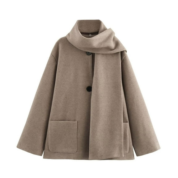 Stamzod Winter Coats for Women Solid Color Crweneck Long Sleeve Wool Trench Coat Women Casual Peacoat with Scarf Khaki S
