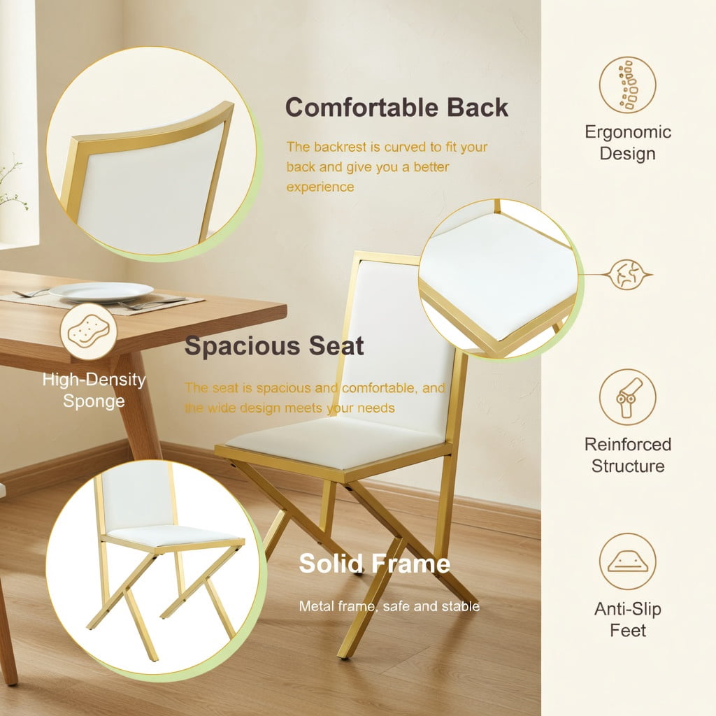 Hommoo 2-Pack Modern PU Leather Dining Chairs with Metal Frame, Ergonomic Back Support, Adjustable Non-Slip Feet, Easy Assembly, White & Gold