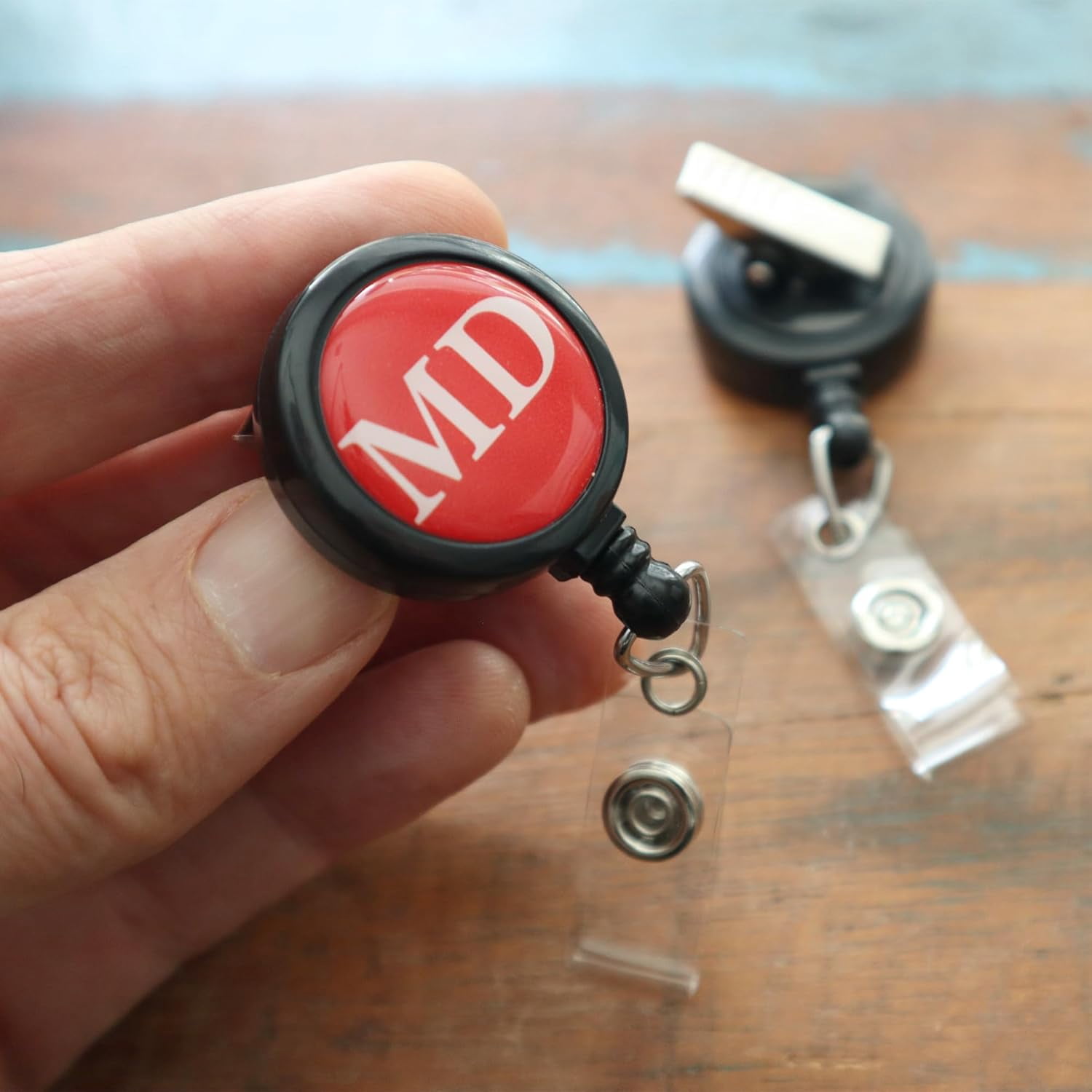 2 Pack - MD Badge Buddy Reels with Alligator Clip - Swivel Retractable Reel MD Badge Holder & Title Card in One - Medical Doctor Retractable Hospital I'd Role Dome Label by Specialist ID (Red)