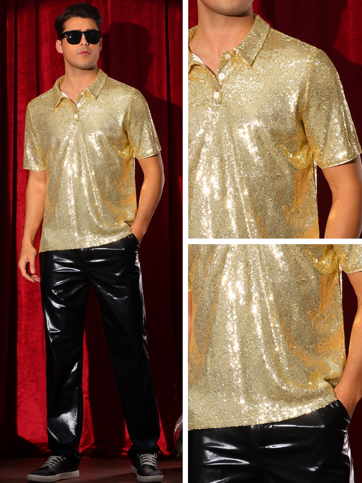 DARING DIVA Men's Sequin Short Sleeve Sparkle Prom Glitter Collared Polo Shirts XL Gold