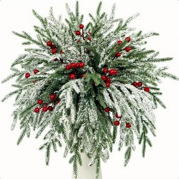 Sinkoo 60 Pcs 14" Artificial Norfolk Pine Branches with Snowflake, Christmas Green Plants with 20 Pcs Red Berries Branches for Vase DIY Crafts Garland Wreath Xmas Indoor Outdoor Home Decor