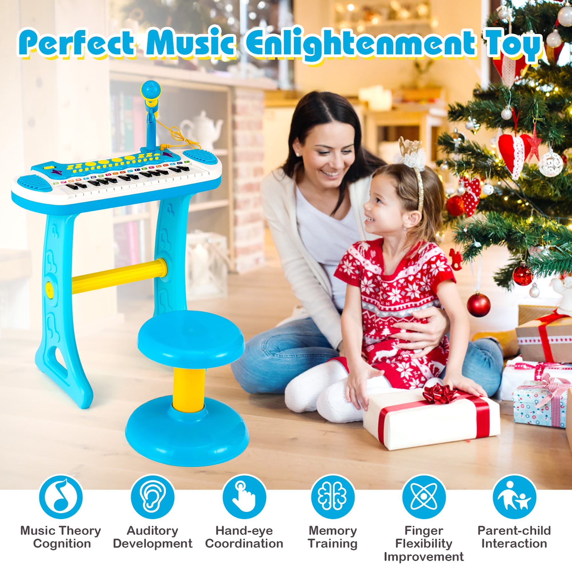 Costway 31 Key Kids Piano Keyboard Toy Toddler Musical Instrument w/ Microphone Blue