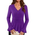 thumbnail image 2 of Women's Mid Sleeve Shirt - Smart Casual Blouse with Elastic Hem & Round Neck, Wrinkle-Resistant Work Tops, Ladies Short Sleeve Office Shirt, Solid Color,Purple - L, 2 of 7