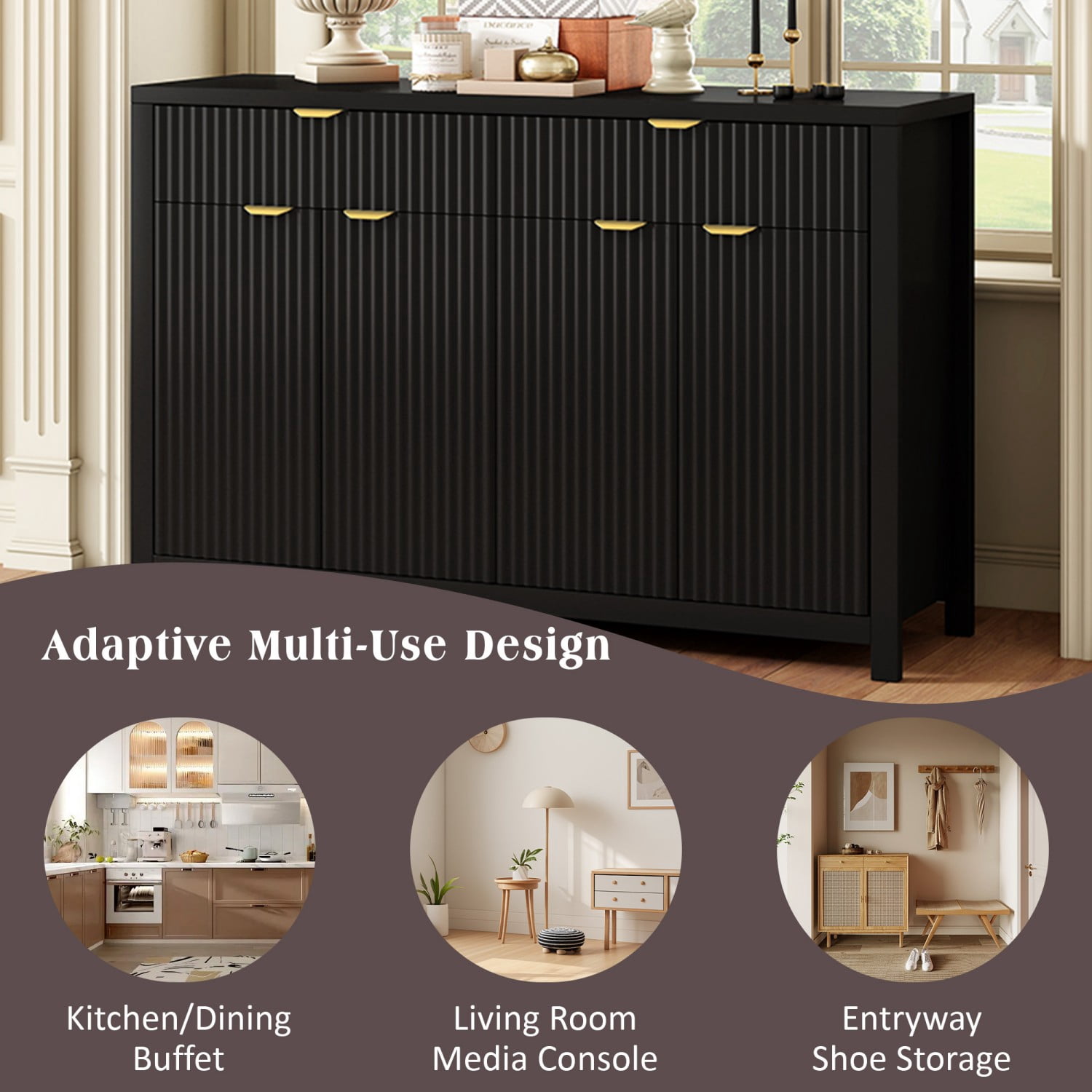Modern 55.1" Sideboard Buffet Cabinet, 2 Drawers 4 Doors Storage Credenza with Adjustable Shelves, Wave-Pattern MDF Cabinet for Living Room Dining Entryway, Black