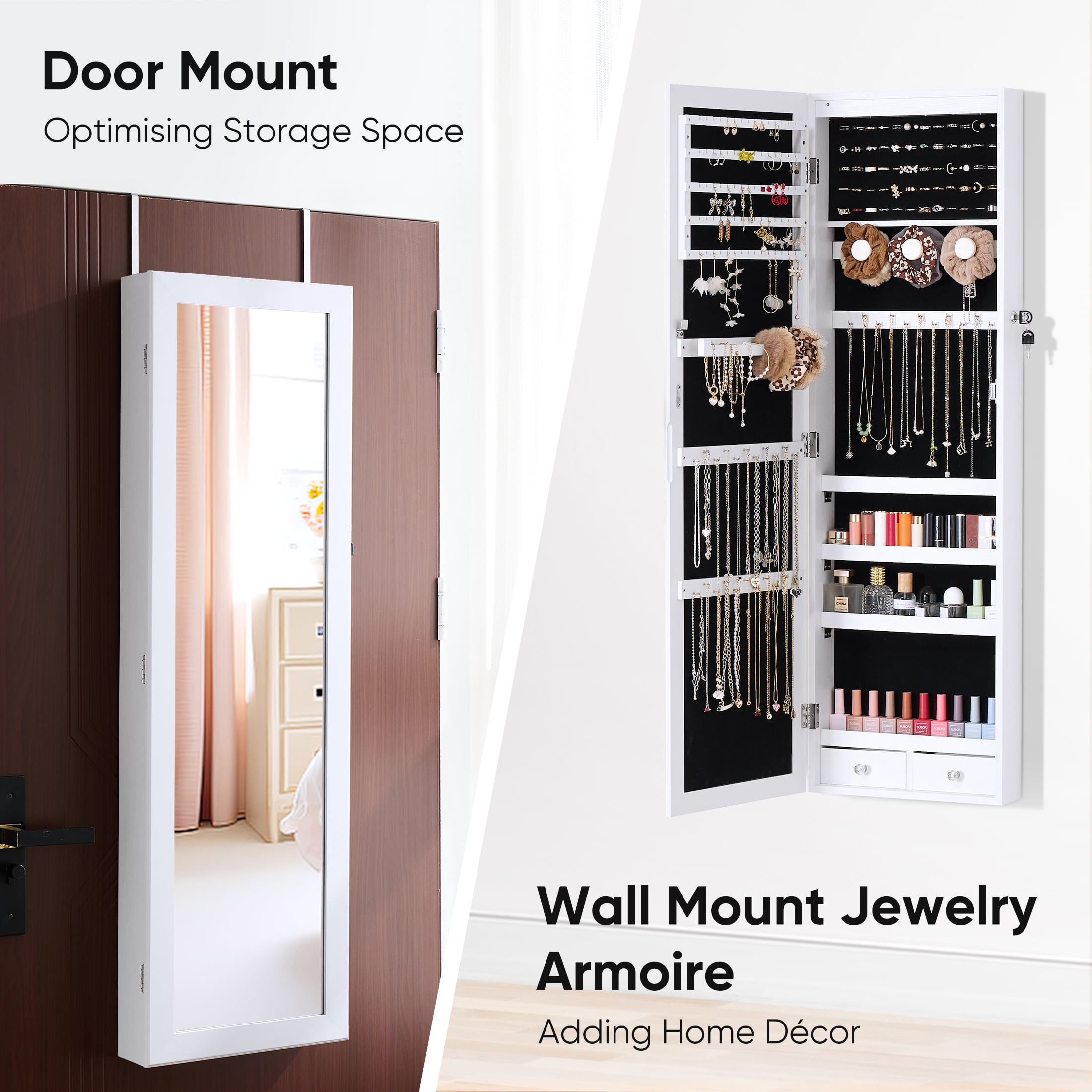 edx Full-Length Mirror Jewelry Cabinet with 6 LED Lights, Wall Door Mounted Jewelry Armoire Organizer with Makeup Storage