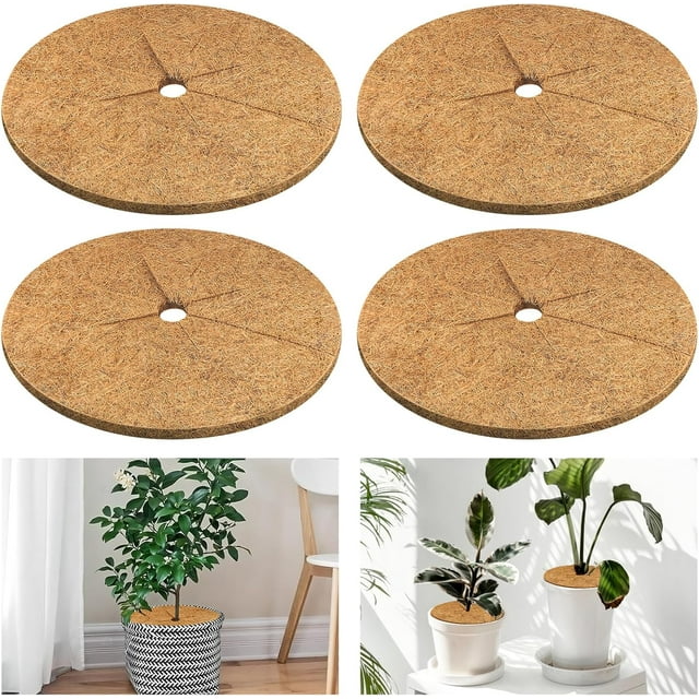 4pcs Coconut Fiber Mulch Ring Tree Plant Protector Mat, 11.8 Inch Natural Coco Coir Tree Mulch Ring Plant Pot Soil Covers, Tree Rings Disc Plant Cover for Indoor Outdoor Plants