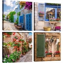 Tuscan Wall Art Decor, Italy Window View Paintings Nature Landscape Pictures Mediterranean Street Canvas Prints for Bedroom, Living Room, Office Wall Decoration