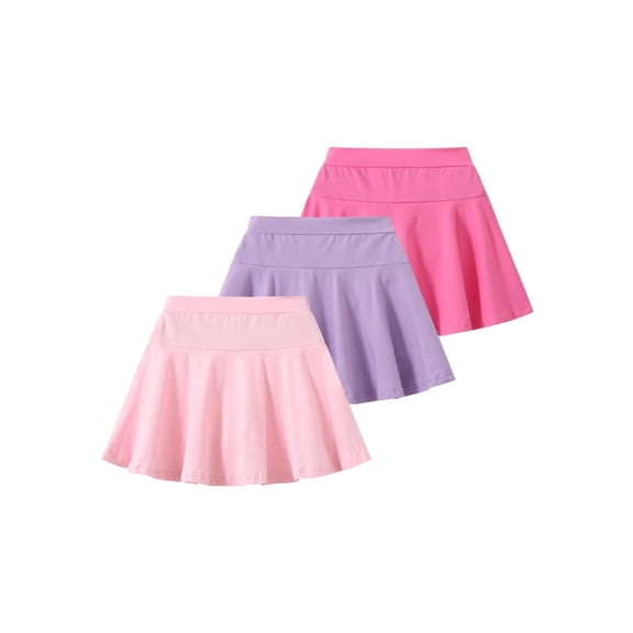 Fdqin Girls Skirts 3pcs Tennis Skirt with Short Elastic High Waisted Kids Athletic Running Flowy Skorts Pink Purple Red 4-5 Years