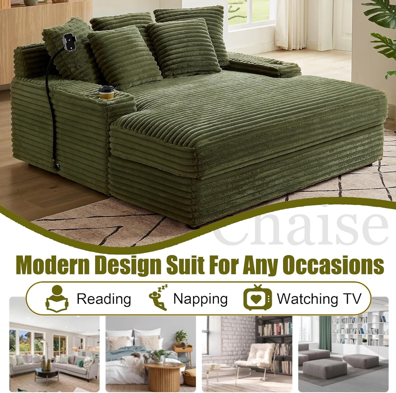 63" x 65" Oversized Chaise Lounge Chair, Corduroy Upholstered Sleeper Sofa with Wireless Charging and 2 Cup Holders, Sleeper Couch for Living Room, Bedroom, Home Theater