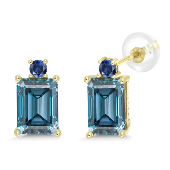 Gem Stone King 10K Yellow Gold Earrings Persian Blue Moissanite Created Sapphire (3.06 Cttw)