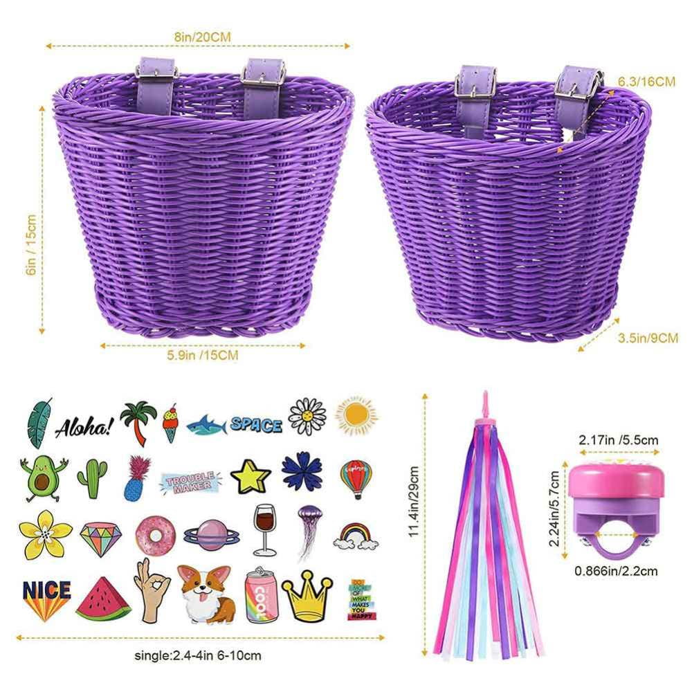 Kids Bike Basket for Girls Front Bike Accessories 14 to 16 inch,Wicker Basket Handlebar Bicycle Basket for Girls,Bike Bell,Streamers,Stickers Bike Decoration Accessories Set