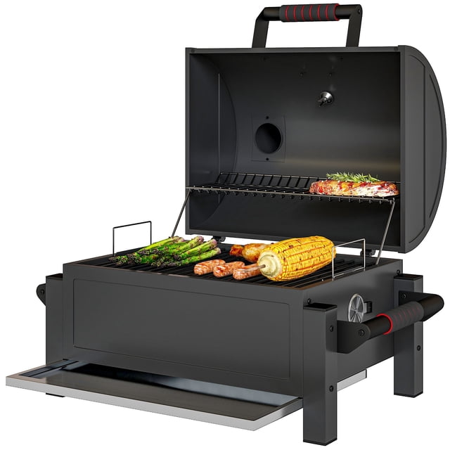 Portable Tabletop Charcoal Smoker BBQ Grill with Thermometer and Ash Catcher, Galvanized Steel Outdoor Smoker for Camping, Picnic and Tailgating, 26.4" L x 20.9" W x 21.7" H, Black