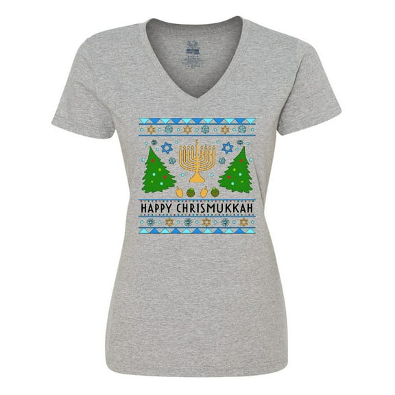 Inktastic Happy Chrismukkah Sweater Style with Menorah and Trees Women's V-Neck T-Shirt