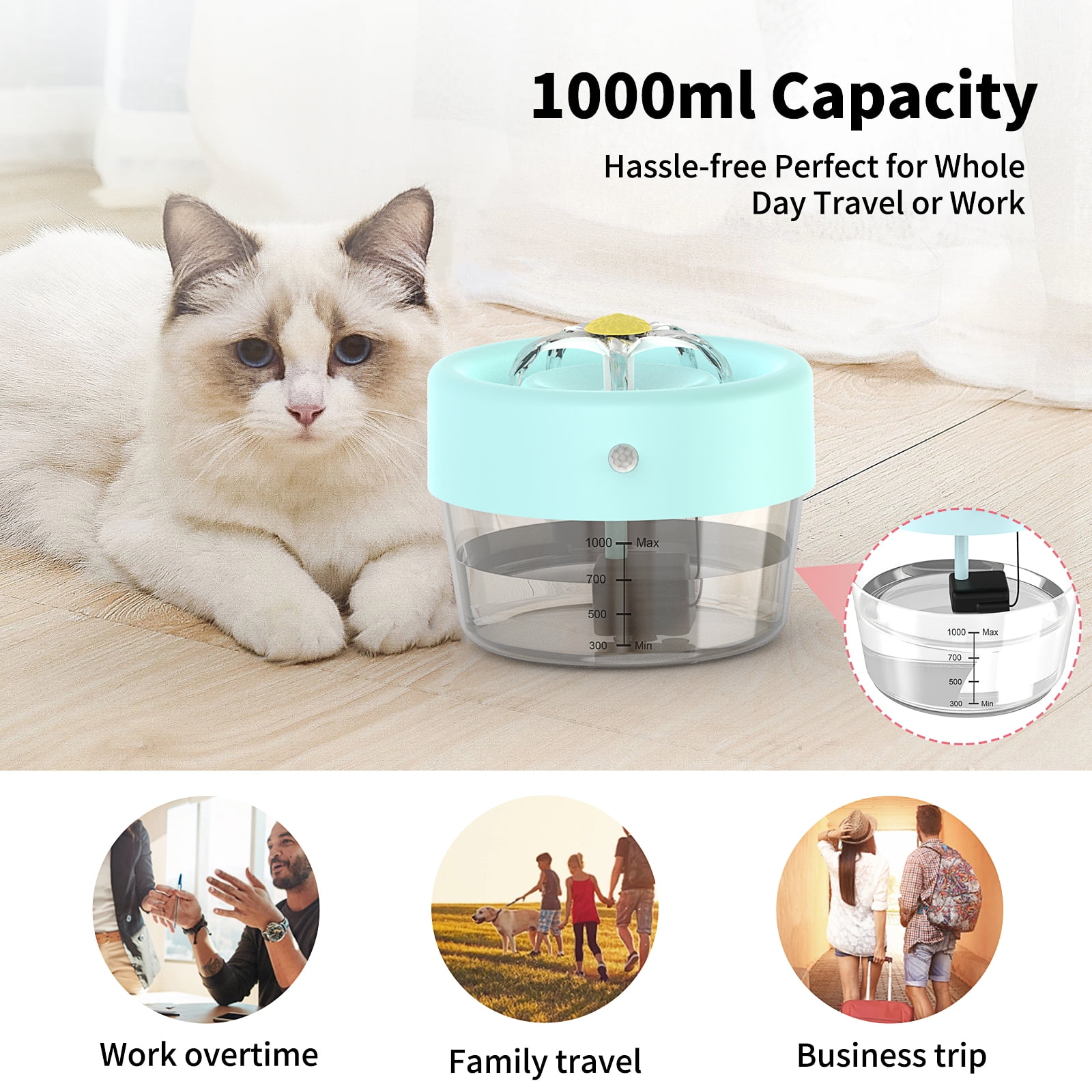 MASBRILL Cat Water Fountain, 1000mAh Battery Pet Water Fountain. Automatic Pet Drinking Fountain, Cat Fountain Blue 35 oz