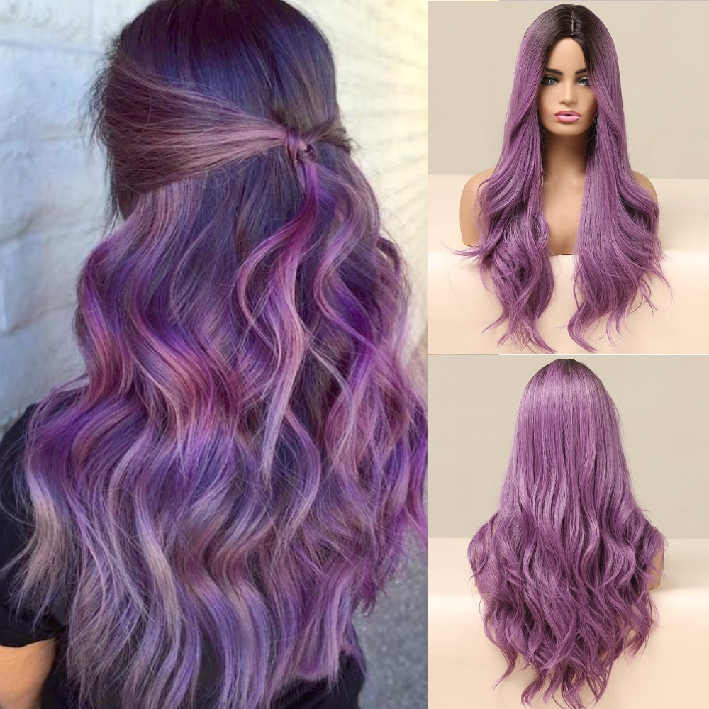 BERON Ombre Purple Long Wavy Wig Middle Part Wig for Women Heat Resistant Natural Looking Hair Wig for Party Cosplay