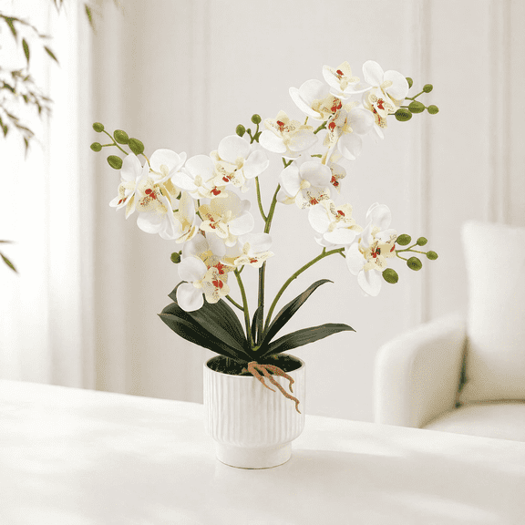 1 Pcs White Orchid Artificial Flowers With Pot,Real Touch Faux Orchids,Artificial Orchids That Look Real,14.5 inch Table Top Decor for Indoor Home, Bathroom, Office and Living Room Decoration