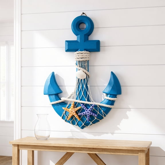 Plumilo Beach Decorations for Home, Nautical Wall Decor Wooden Anchor, Coastal Sailboat Decor for Door, Bathroom and Living Room