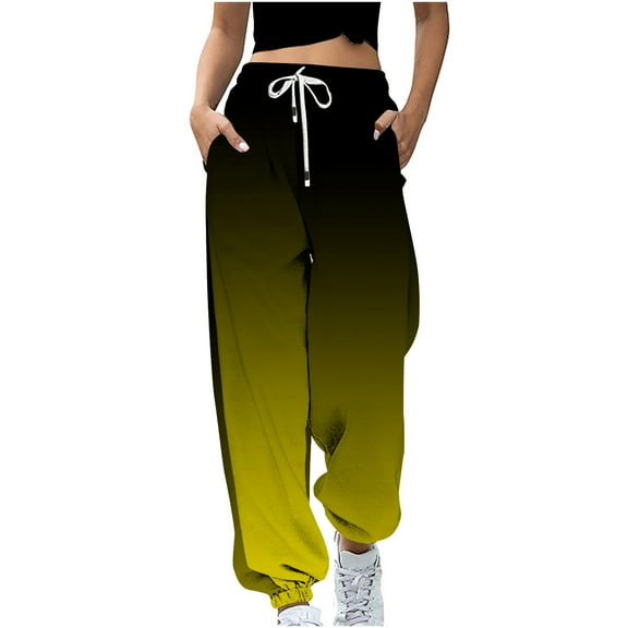 Lovskoo Women's Color Block High Waist Sweatpants Cinch Bottom Joggers Loose Fit Athletic Lounge Pants Trousers with Pockets Yellow