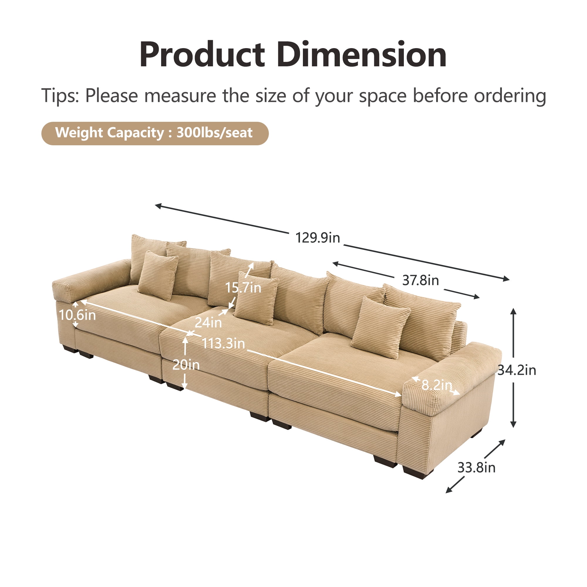 Anpport 130" Cloud Modular 3-Seater Camel Corduroy Sofa, Washable Removable Covers, Double-Layer Thick Cushions, Wide Armrest, Apartment
