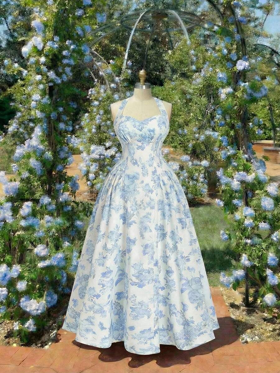 Romantic Floral Print Halter Mid-Length Dress, Vacation Summer Outfit, Plus Size Blue And White Floral Dress, Halter Neckline A-Line Silhouette, Sweet
