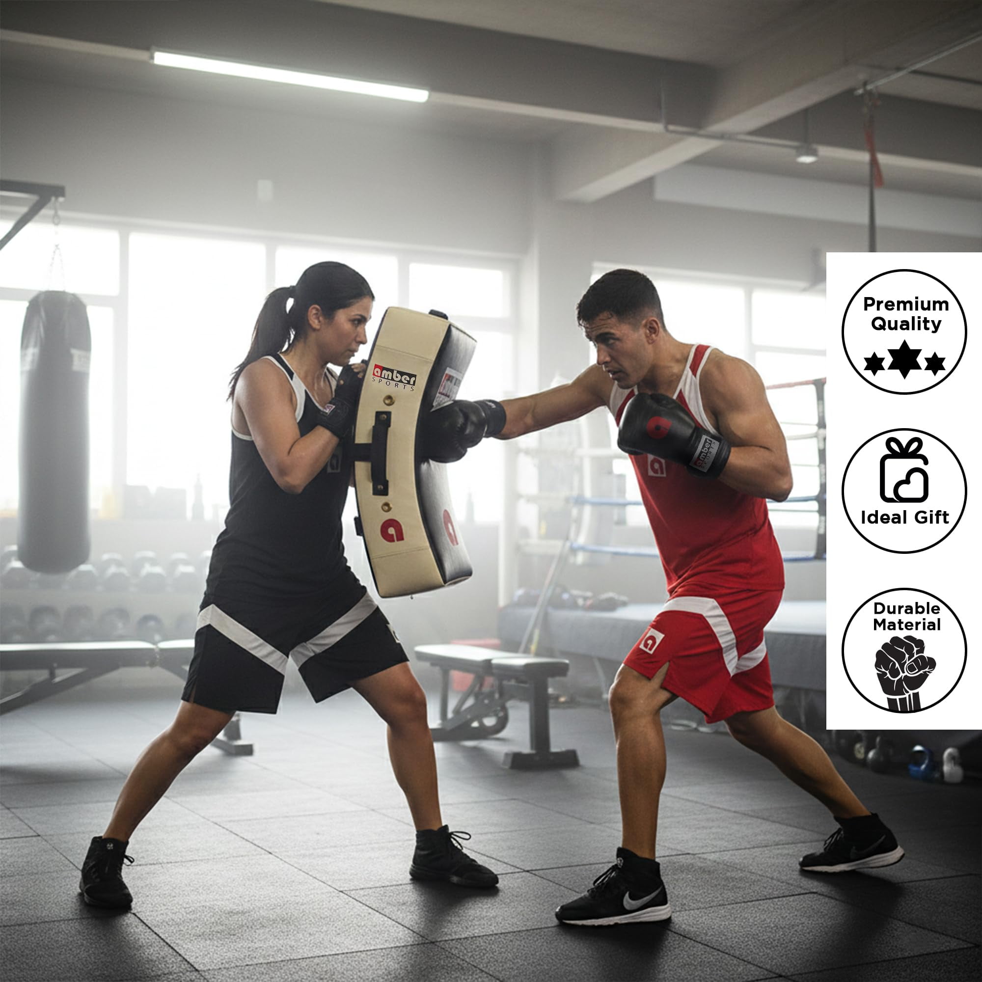 Amber Fight Gear Gel Punch & Kick Shield, Curved Training Pad, 25” x 15” x 5.5”, Multi-Handle Grip, Gel Enforced Lining, Heavy-Duty Canvas Vinyl, Muay Thai, MMA, Kickboxing, Karate