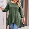 thumbnail image 4 of WTOBBY Plus Size Women's Solid Color Round Neck 3/4 Sleeve Tunic Top Basic Loose Fit Tee for Full Figure Comfort Everyday Fall Fashion,Army Green L, 4 of 5
