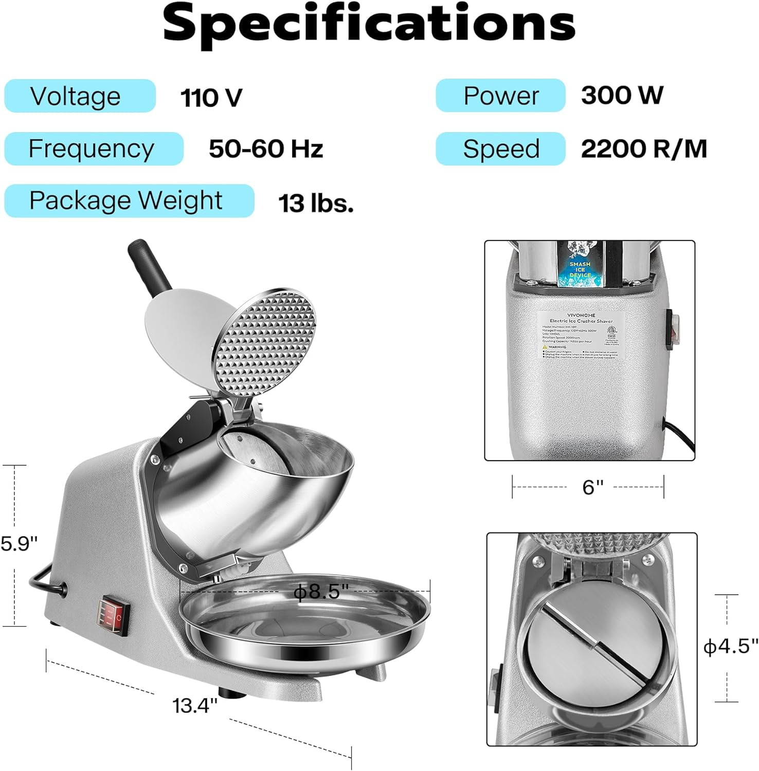 SPECSTAR Electric Dual Blades Ice Crusher Shaver Snow Cone Maker Machine Silver 173lbs/hr with Ice Pick for Home and Commercial Use