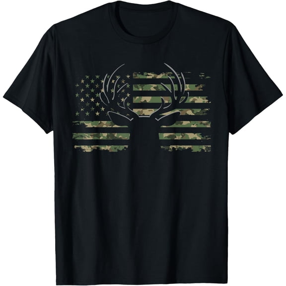 American Flag Camouflage Outdoor Antlers Deer T-ShirtMen and women, Black T-shirt, size: Extra large