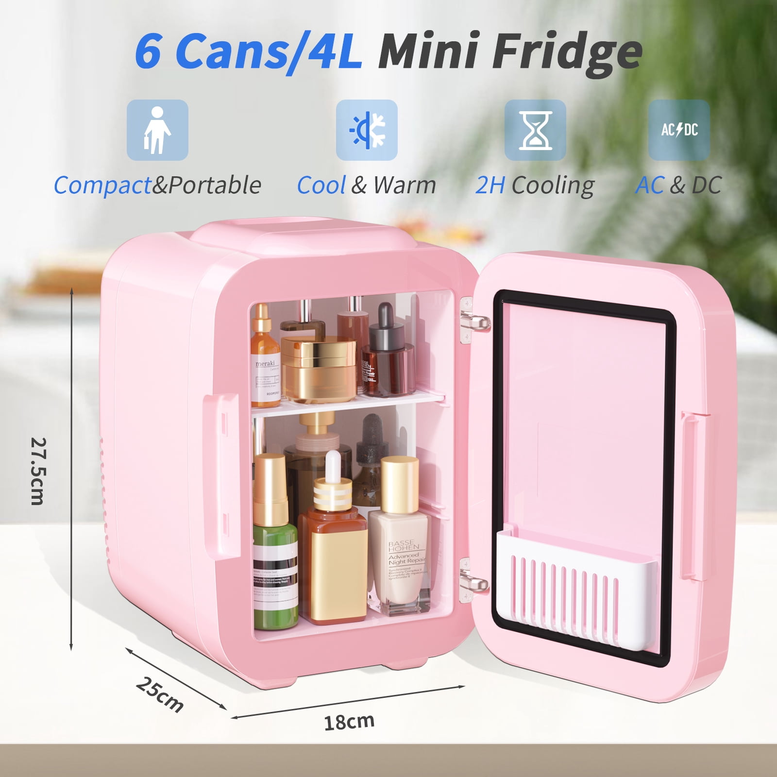 Skincare Fridge Mini Fridge for Bedroom with Dimmable LED Mirror, 4Liter/6 Cans Cooler and Warmer for Makeup, Cosmetic, Beauty, Portable Refrigerator for Bedroom, Vanity, Office and Car- Pink