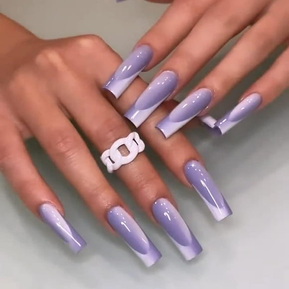 LAICAIW 24PCS Medium Coffin Purple Ombre French Press on Nails with Adhesive Tabs Ballerina False Nails Files