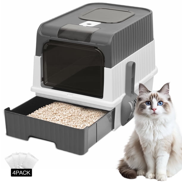 PHANCIR Caja de Arena para Gatos Cerrada, Plegable y Ligera con Cuchara para Arena, Fácil de Limpiar, Gris