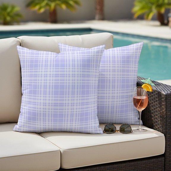 Purple Gingham Outdoor Waterproof Throw Pillow Covers Set of 2, 26"x26", Modern Dreamy Minimalist Stripe Plaid Checkered Decorative Pillow Covers Outside Cushion Case for Patio Porch Garden