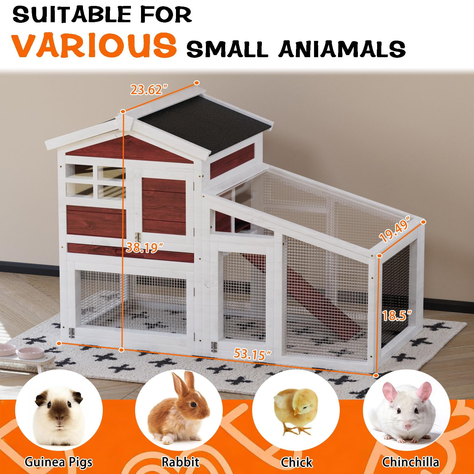 Expandable 2-Story Wooden Small Animal Cage – Anti-Chew Metal Frame, Pull-Out Tray, Non-Slip Ramp, Weatherproof Asphalt Roof – Ideal Hutch for Rabbits, Guinea Pigs, Chickens, Ducks – Rufous White