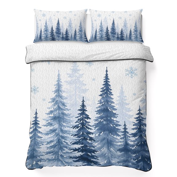 King Quilt Bedding Set, Winter Pine Tree Snowflake 3 Piece Bedding Set Lightweight Breathable Quilt with 2 Pillow Shams, Forest Christmas Trees Soft Microfiber Summer Comforter for Hot Sleepers