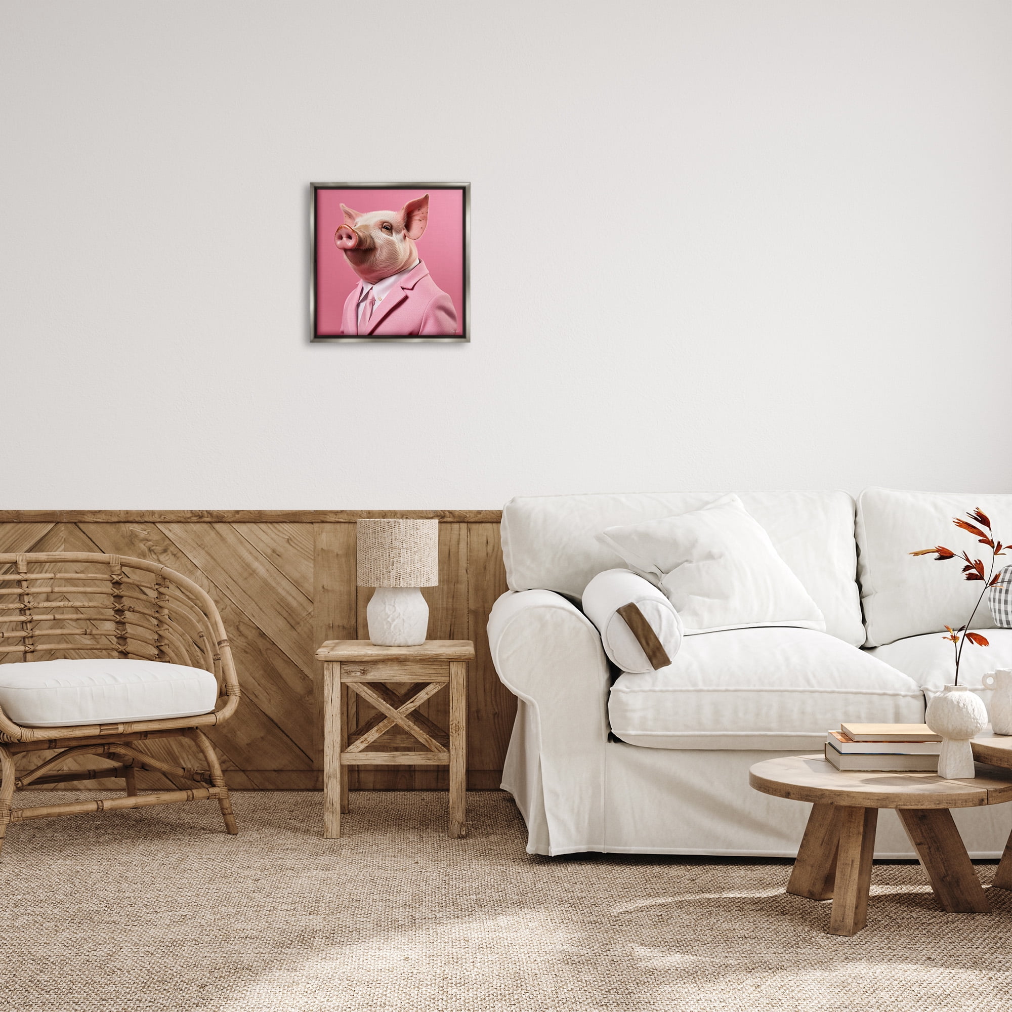 Stupell Industries Pink Pig Fashion Animals & Insects Painting Gray Floater Framed Canvas Art Print Wall Art, 18 x 18
