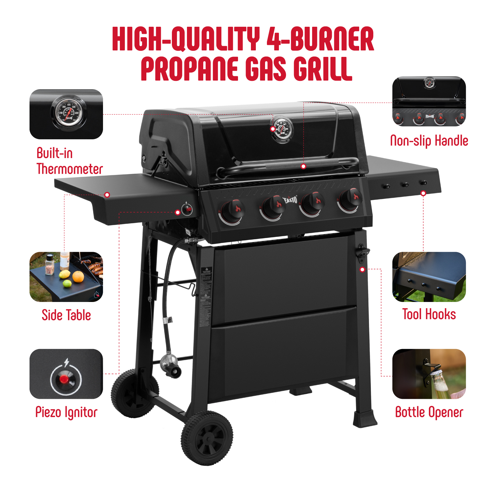 Feasto 4-Burner Propane Gas Grill, Outdoor Grill with 2 Side Tables and Porcelain-Enameled Grates, Black