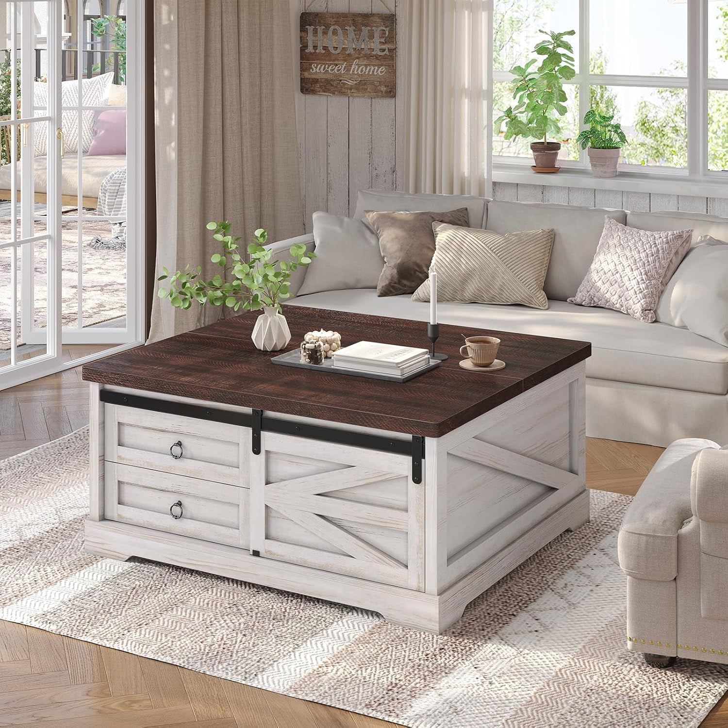 39.4" Lift-Top Coffee Table with Storage, Farmhouse Square Coffee Table with Drawers, Sliding Door and Hidden Storage Compartment, Center Table Gaming Station or Workspacefor Living Room, White