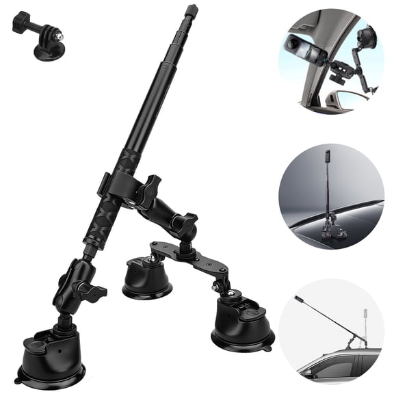 EEEkit Suction Car Mount for Action Cameras, Triple Suction Car Holder Compatible with GoPro and Insta360, Suction Mount Kit for Car Roof and Window, Black
