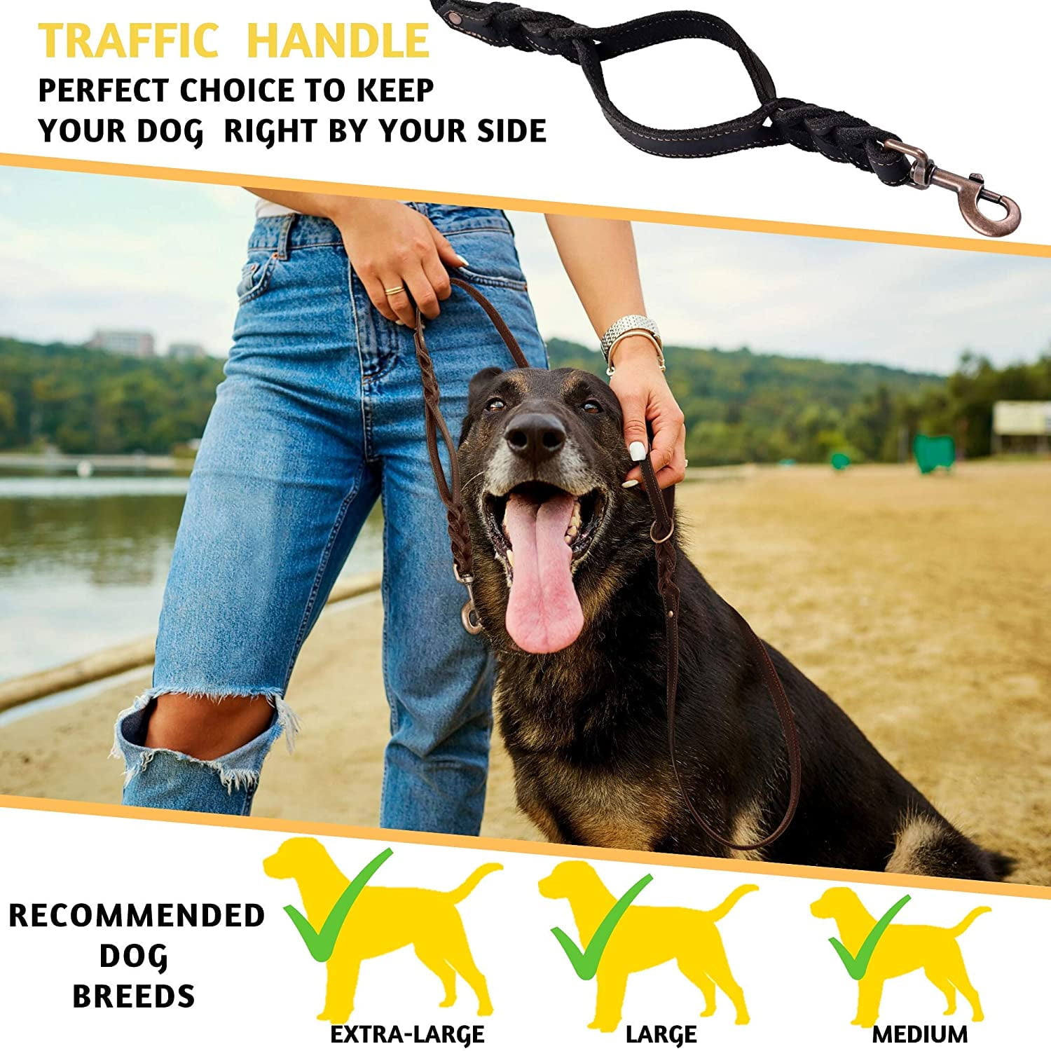 XICEN Double Handle Leather Dog Leash 6 Foot Heavy Duty Dog Leash with Traffic Handle Braided Leather Lead for Large and Medium Dogs Walmart