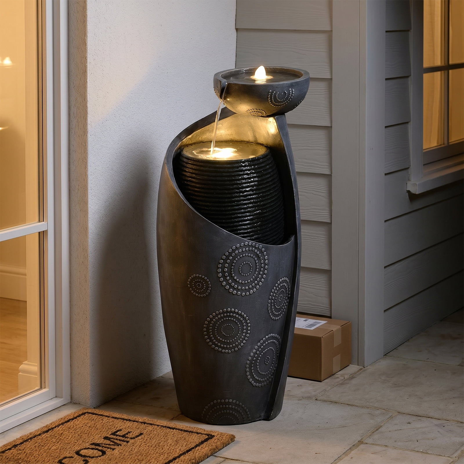 Outdoor Water Fountain Feature Indoor Garden Large Jar Floor Standing Fountains Waterfall with LED Light & Pump for Home Decor Office Yard Patio Deck Porch, 32 inches,Gray